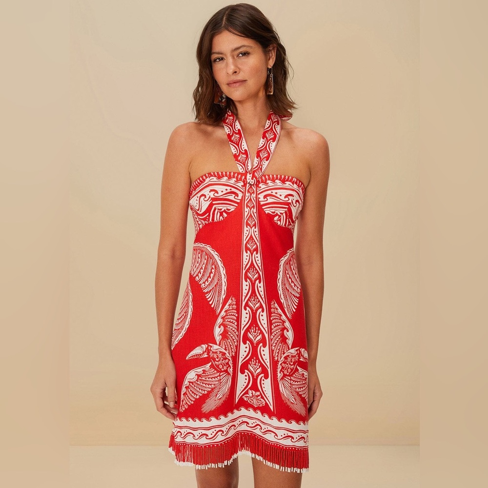 Farm Rio Red Majestic Coconut Tree Linen Mini Dress
